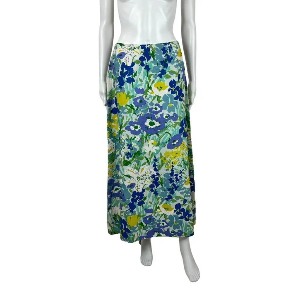 Vintage 70s Midi Skirt Women's Small Large Floral Print Blue Green Susan Bee - Picture 2 of 10